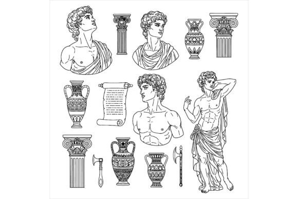 Ancient Greek Architecture and Statues Illustrations for Authentic Branding