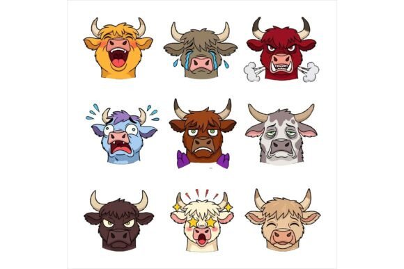 Cartoon Cows with Different Emotions: A Versatile Illustration for Branding