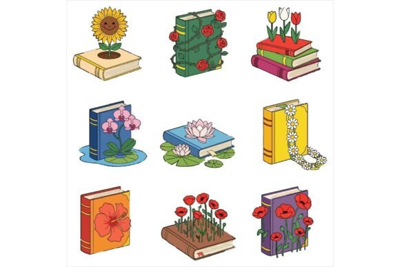 Colorful Book Illustrations with Flowers: A Versatile Graphic Design Asset for Crafters