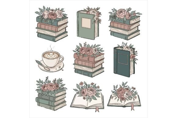 Vintage Book Illustrations with Flowers: A Timeless Graphic Design Asset